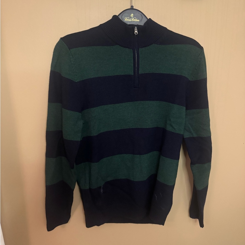 Brooks Brothers Striped Green and Black Zip-Up Sweater